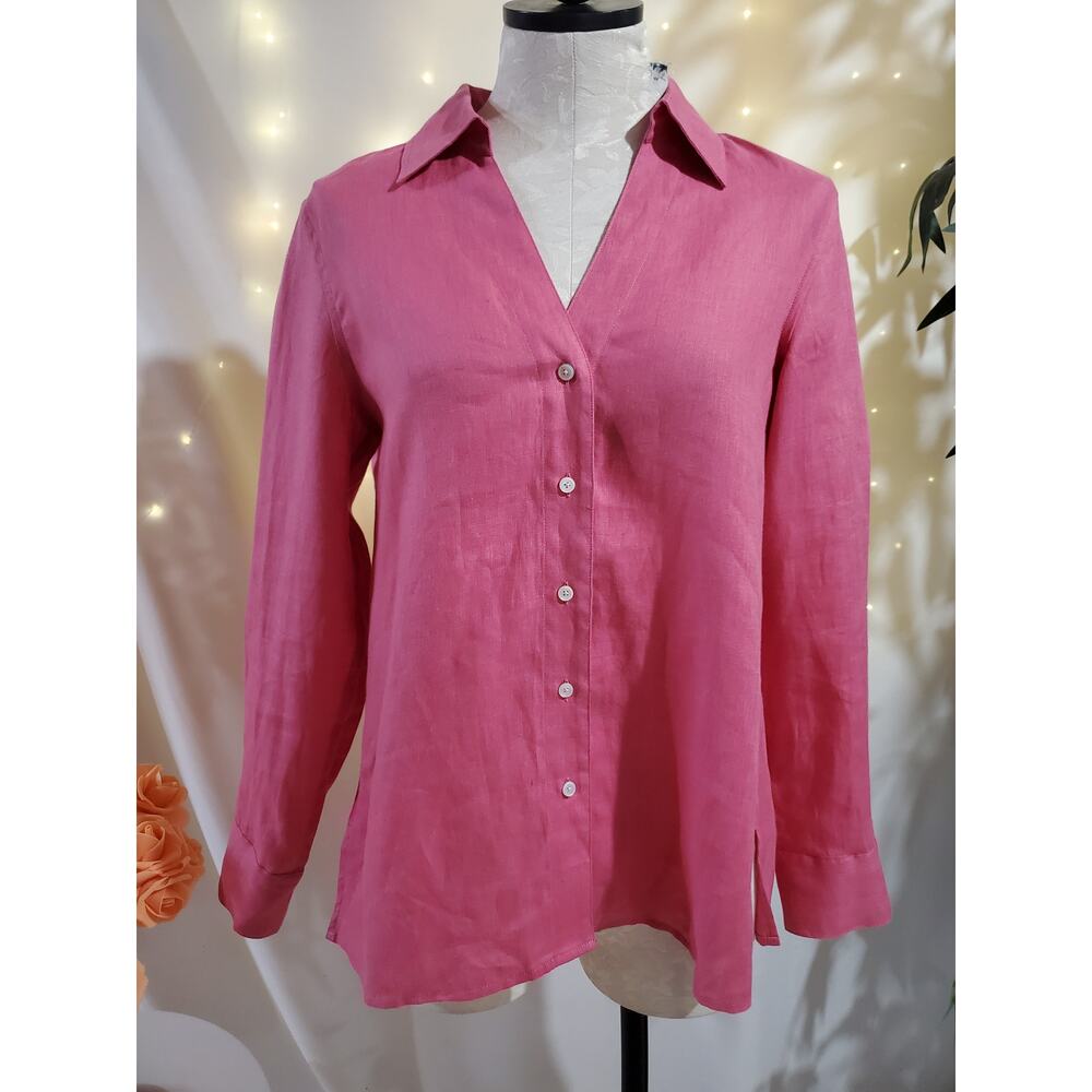 Talbots Pure Irish Linen V Neck Collared Button Up Shirt Womens Size 10P Pink